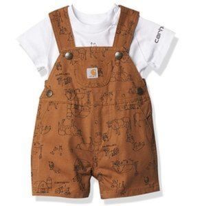 Baby Boys Infant Carhartt Farm Print Canvas Shortall Set NWT 3M Overalls Shorts